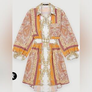 Maje Elegant Scarf Print Seashell Dress in Orange and Pink